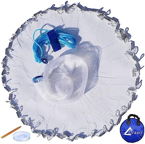 Drasry Saltwater American Fishing Cast Net 3/8inch Mesh Size for Bait Shrimp Trap Fish Heavy Duty Sinkers Throw Net 3FT/4FT/5FT/6FT/7FT/8FT/9FT/10FT Radius
