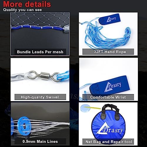 Drasry Saltwater American Fishing Cast Net 3/8inch Mesh Size for Bait Shrimp Trap Fish Heavy Duty Sinkers Throw Net 3FT/4FT/5FT/6FT/7FT/8FT/9FT/10FT Radius - Image 3