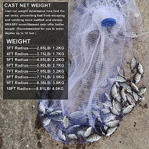 Drasry Saltwater American Fishing Cast Net 3/8inch Mesh Size for Bait Shrimp Trap Fish Heavy Duty Sinkers Throw Net 3FT/4FT/5FT/6FT/7FT/8FT/9FT/10FT Radius - Image 4