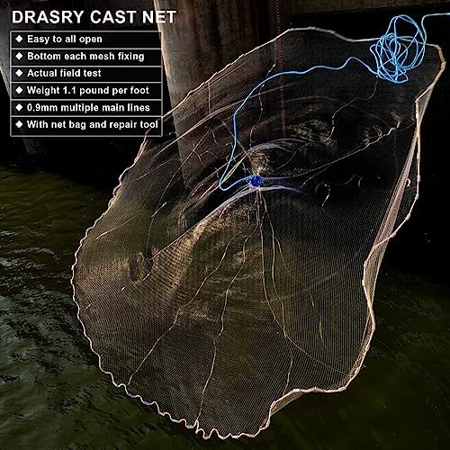 Drasry Saltwater American Fishing Cast Net 3/8inch Mesh Size for Bait Shrimp Trap Fish Heavy Duty Sinkers Throw Net 3FT/4FT/5FT/6FT/7FT/8FT/9FT/10FT Radius - Image 5