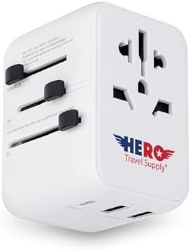 Hero Universal Travel Adapter – Power Plug for US Europe France UK Ireland Thailand NZ Australia 100+ Countries | 2 USB-A & 1 USB-C